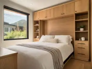 Horizontal-fold murphy wall bed pulled down and made up with linens, set into a warm oak cabinetry surround in a small room | Holz Industries, Kelowna