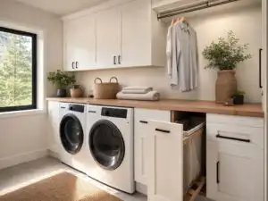 Bright custom laundry room with white shaker upper and lower cabinetry, a warm wood folding counter over a front-load washer and... | Holz Industries, Kelowna