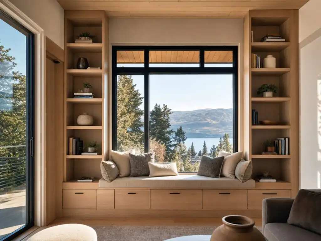 Cozy custom window seat with built-in storage drawers below and flanking bookshelves | Holz Industries, Kelowna