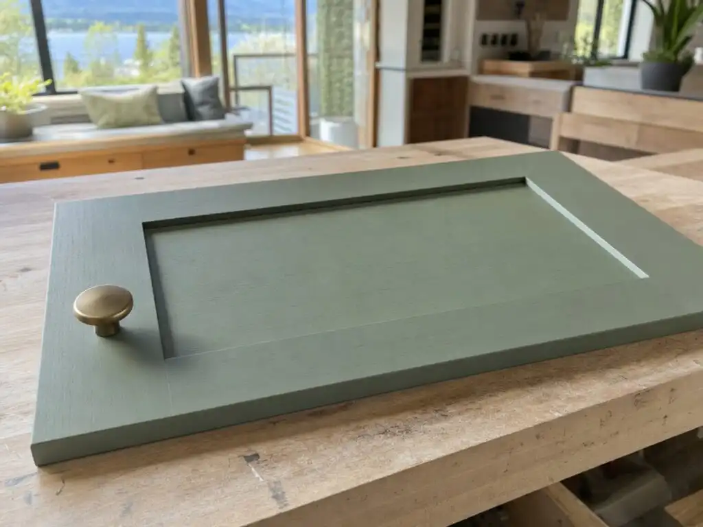 A single custom shaker cabinet door, painted sage green, clean square recessed-panel profile, matte brass knob, on a workshop bench | Holz Industries, Kelowna