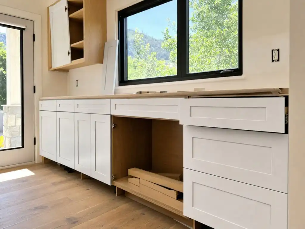 New painted-white shaker cabinet door fronts being mounted onto existing kitchen cabinet boxes, cabinet refacing in progress | Holz Industries, Kelowna