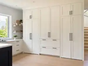 A kitchen wall of custom shaker-style cabinet doors, recessed flat center panel within a square frame, painted soft warm white,... | Holz Industries, Kelowna