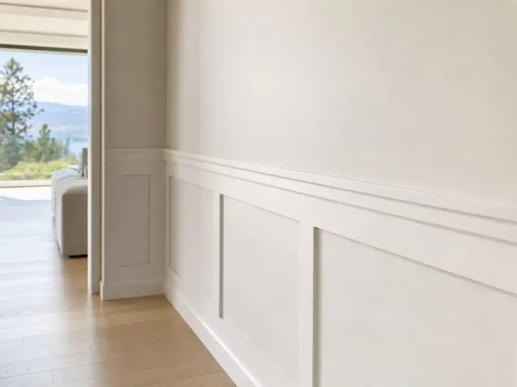 Traditional white painted wainscoting wall paneling along a hallway, shaker-style raised panels, chair rail | Holz Industries, Kelowna